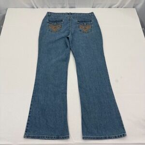 COS High Rise Flare Jeans Rhinestone 34x30 Womens 14 Embellished Flap Pocket